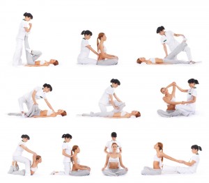 Set collection with many different images of the woman getting traditional thai stretching massage by therapist isolated on white background